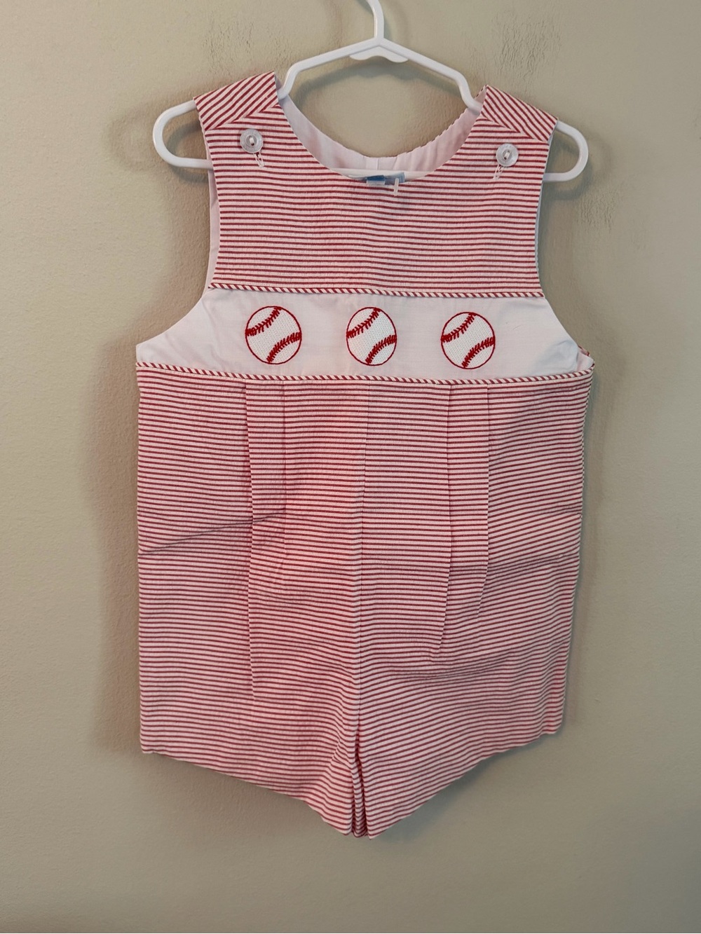 Little English Red Striped Baseball Applique Shortalls